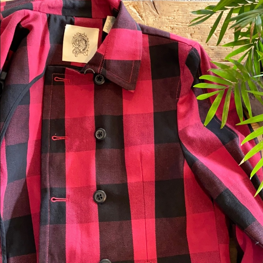 BUFFALO PLAID DOUBLE BREASTED COAT RED/BLACK SZ L - Picture 4 of 6